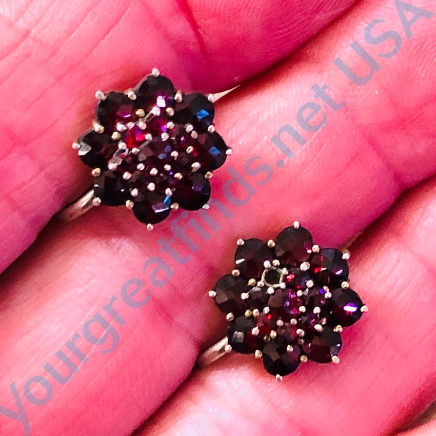 Antique Gold Over Sterling Silver Red Garnet Cluster Screw Back Earrings Earrings