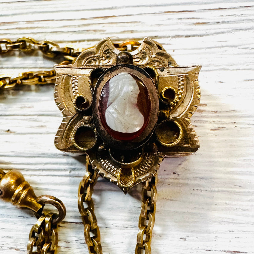 Antique Gold & Sardonyx Carved Jesus Cameo Watch Chain