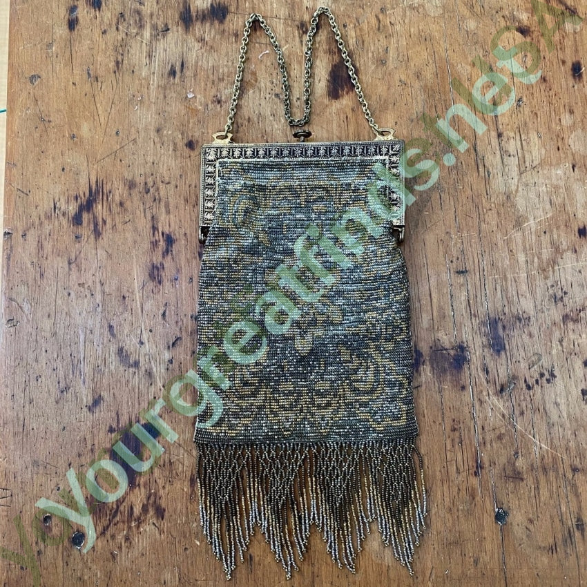 Antique Metal Beaded Evening Bag with Fringe Yourgreatfinds