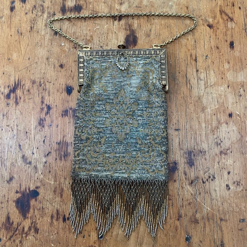 Antique Metal Beaded Evening Bag with Fringe Yourgreatfinds