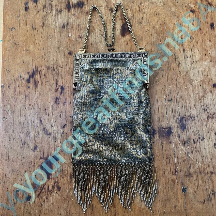 Antique Metal Beaded Evening Bag with Fringe - Yourgreatfinds