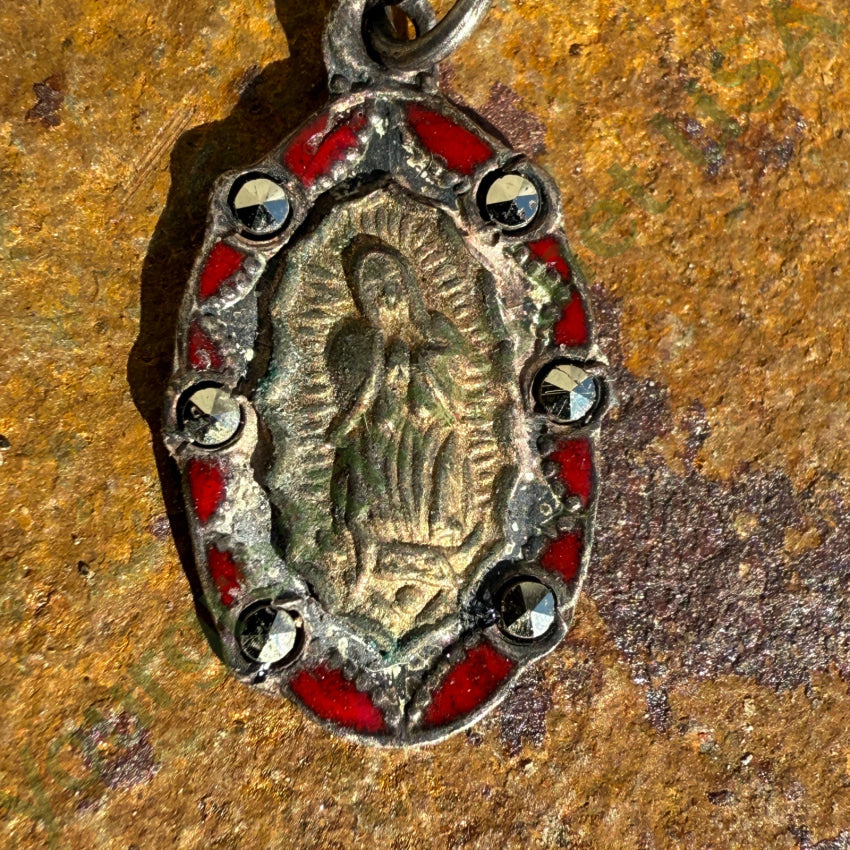 Antique Mexican Sterling Silver Miraculous Mary Pendant Red Enamel pendant