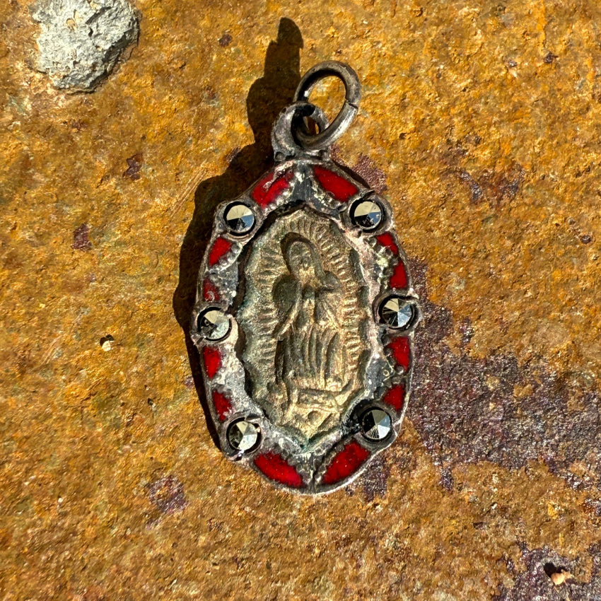 Antique Mexican Sterling Silver Miraculous Mary Pendant Red Enamel pendant