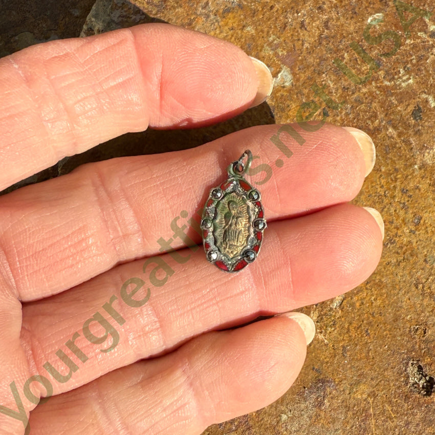 Antique Mexican Sterling Silver Miraculous Mary Pendant Red Enamel pendant