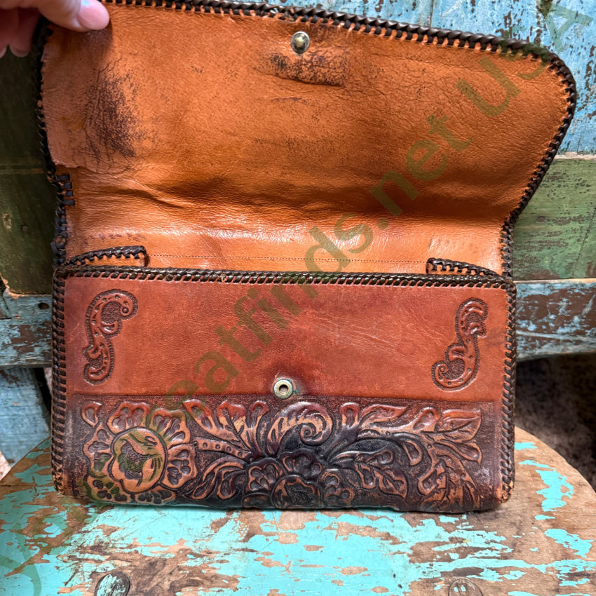 Antique Mexican Tooled Leather Clutch Bag Purse