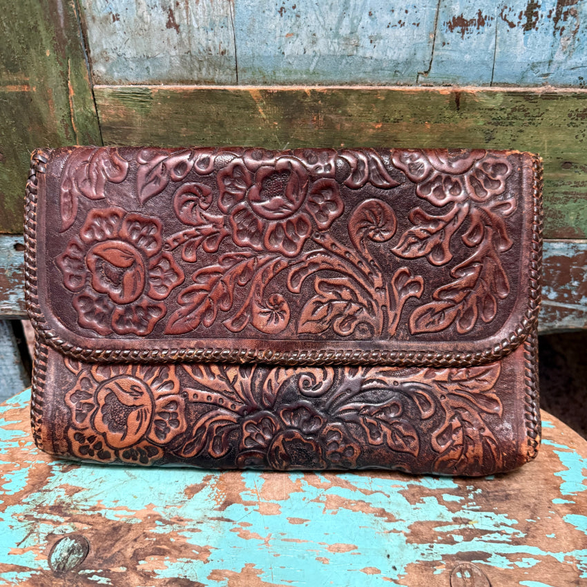 Antique Mexican Tooled Leather Clutch Bag Purse