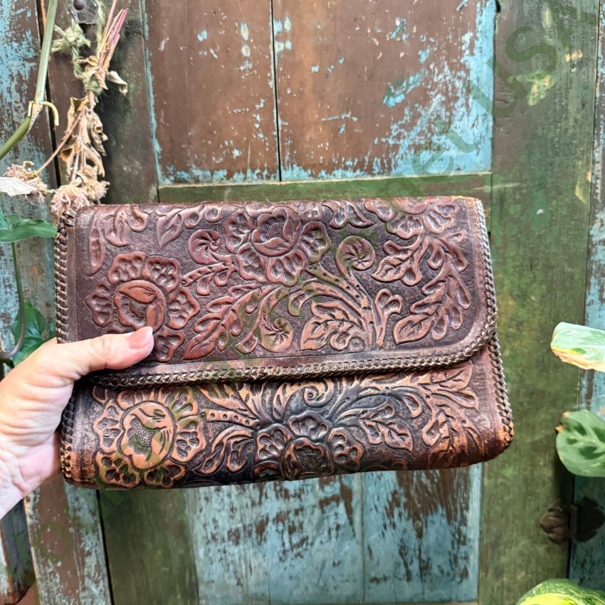 Antique Mexican Tooled Leather Clutch Bag Purse