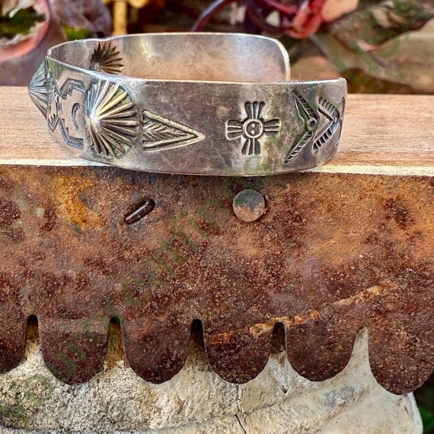 Antique Navajo Ingot Silver Fluted Button Stamped Cuff Bracelet