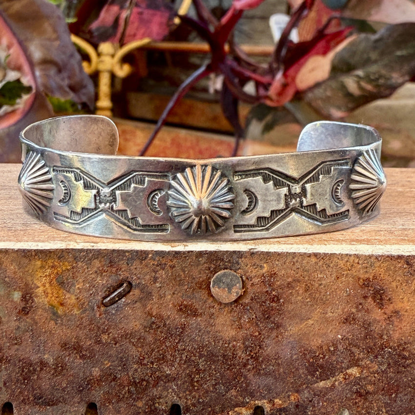 Antique Navajo Ingot Silver Fluted Button Stamped Cuff Bracelet bracelet