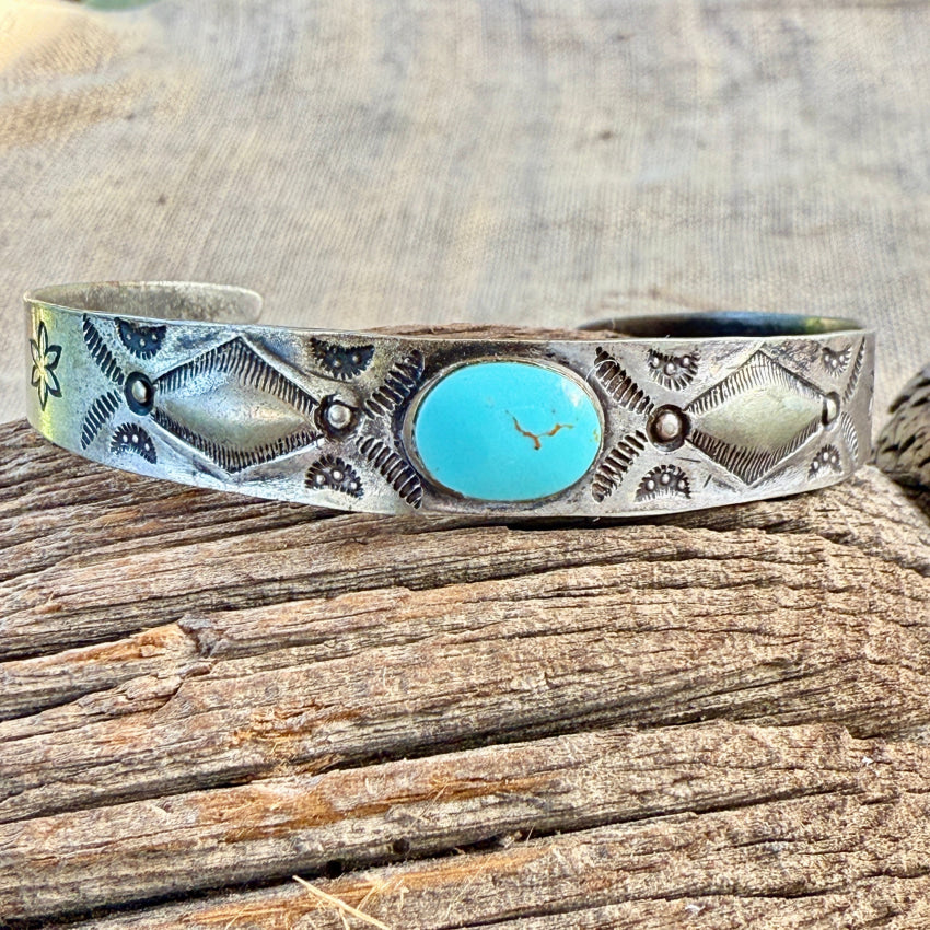 Antique Navajo Stamped Sterling Silver Turquoise Cuff Bracelet Fred Harvey earrings