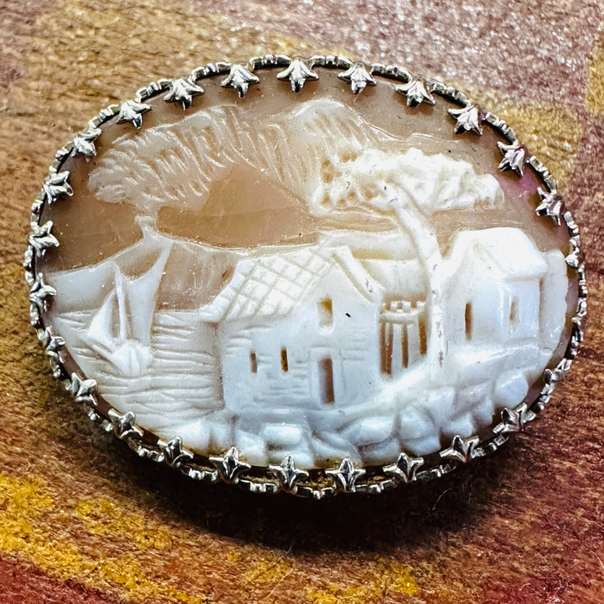 Antique Otsby Barton 10K White Gold Carved Shell Cameo Pin Brooch Brooch