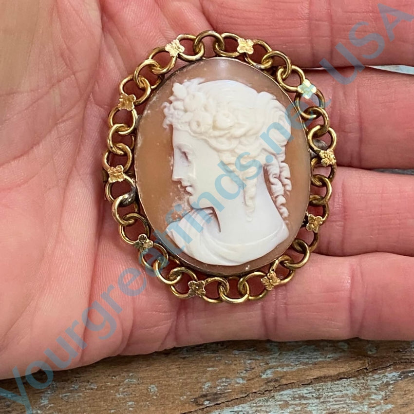 Antique Pinchbeck Carved Shell Left Facing Cameo Brooch