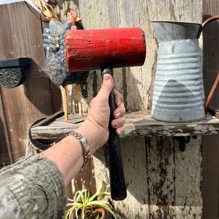 Antique Primitive Wooden Mallet in Old Red & Black Paint antique mallet