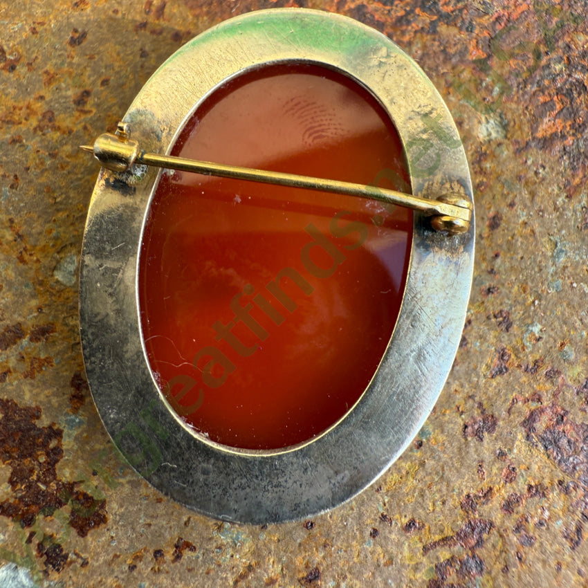 Antique Red Sardonyx Carved Cameo Pin In Silver Brooch Pin