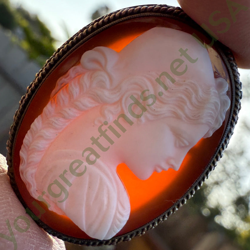 Antique Red Sardonyx Carved Cameo Pin In Silver Brooch Pin