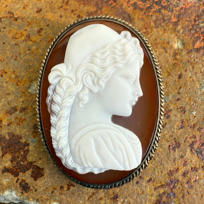 Antique Red Sardonyx Carved Cameo Pin In Silver Brooch Pin