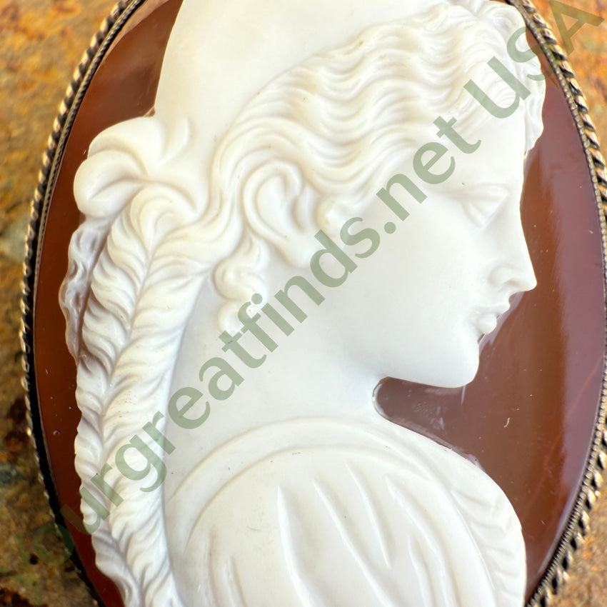 Antique Red Sardonyx Carved Cameo Pin In Silver Brooch Pin