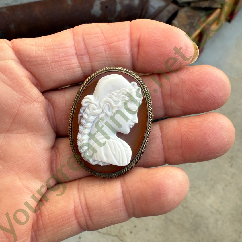 Antique Red Sardonyx Carved Cameo Pin In Silver Brooch Pin