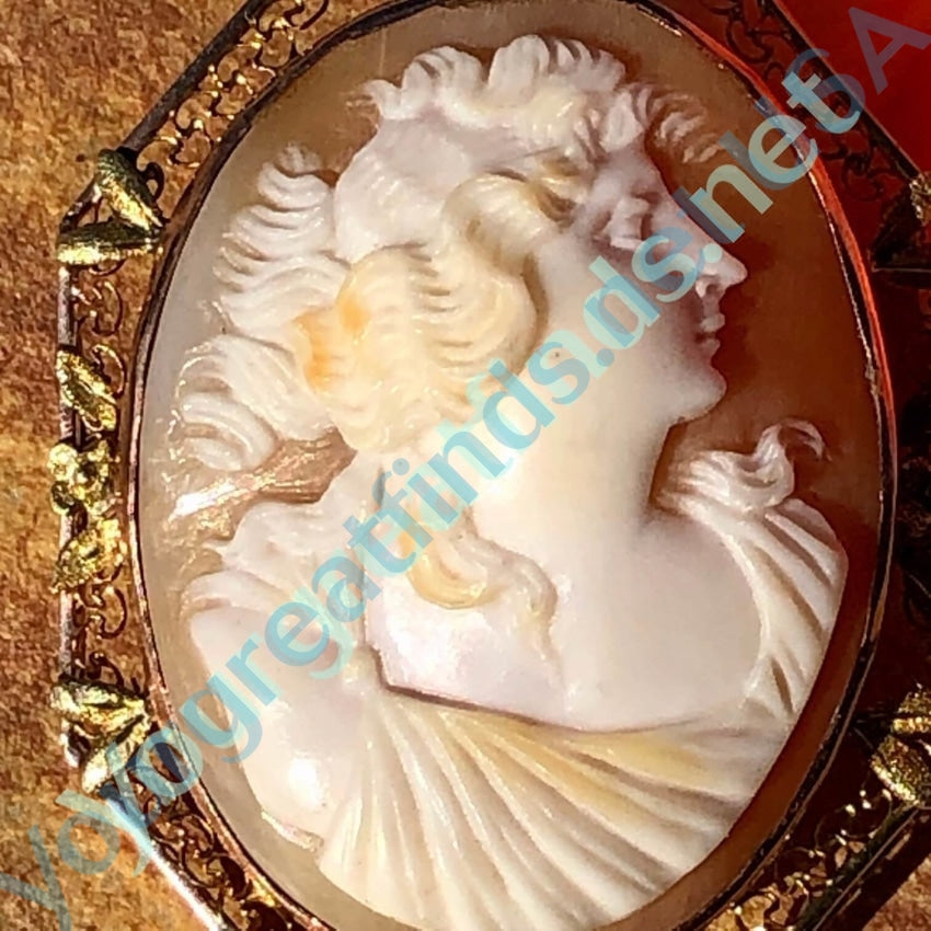 Antique Shell Cameo Pendant Brooch 10K Gold Filigree Yourgreatfinds