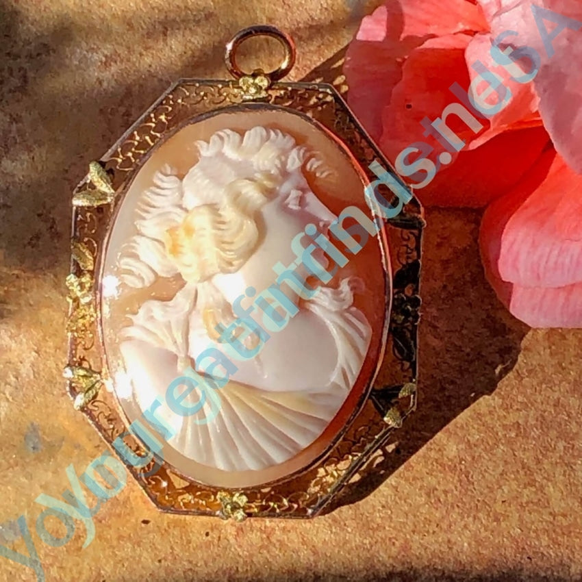 Antique Shell Cameo Pendant Brooch 10K Gold Filigree Yourgreatfinds