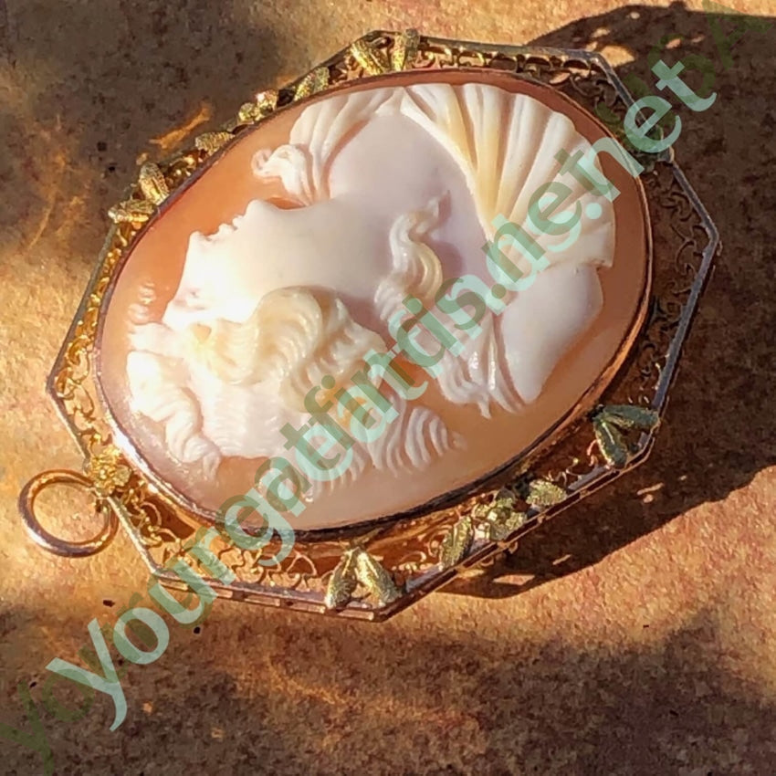 Antique Shell Cameo Pendant Brooch 10K Gold Filigree Yourgreatfinds