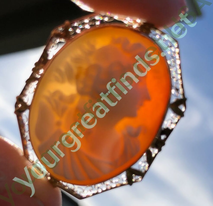 Antique Shell Cameo Pendant Brooch 10K Gold Filigree Yourgreatfinds
