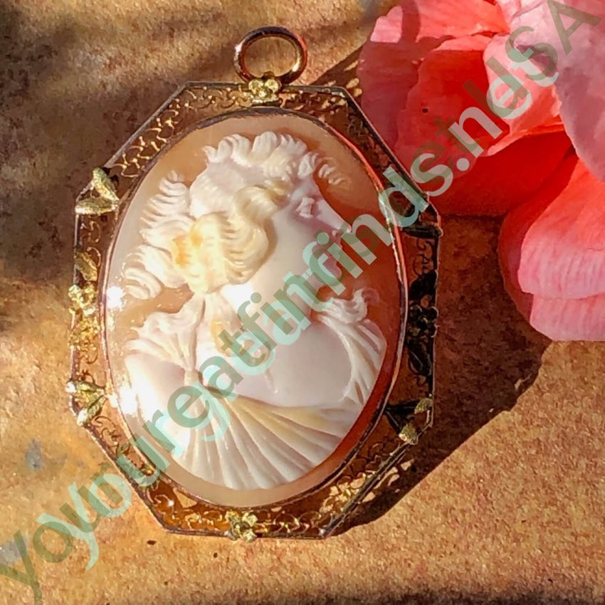 Antique Shell Cameo Pendant Brooch 10K Gold Filigree Yourgreatfinds