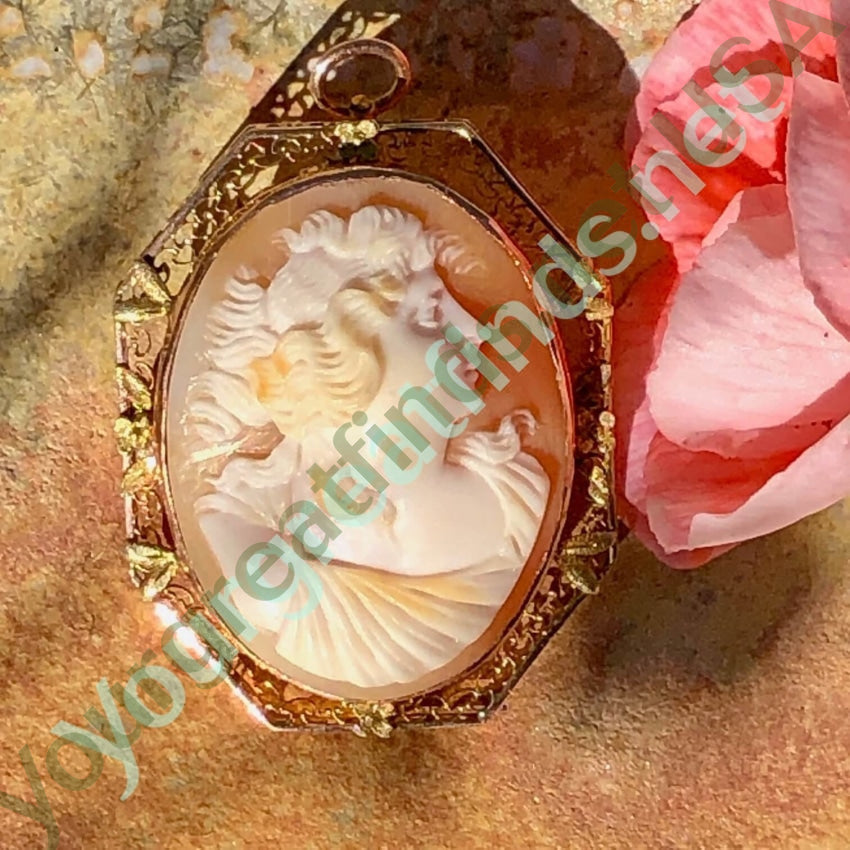 Antique Shell Cameo Pendant Brooch 10K Gold Filigree Yourgreatfinds