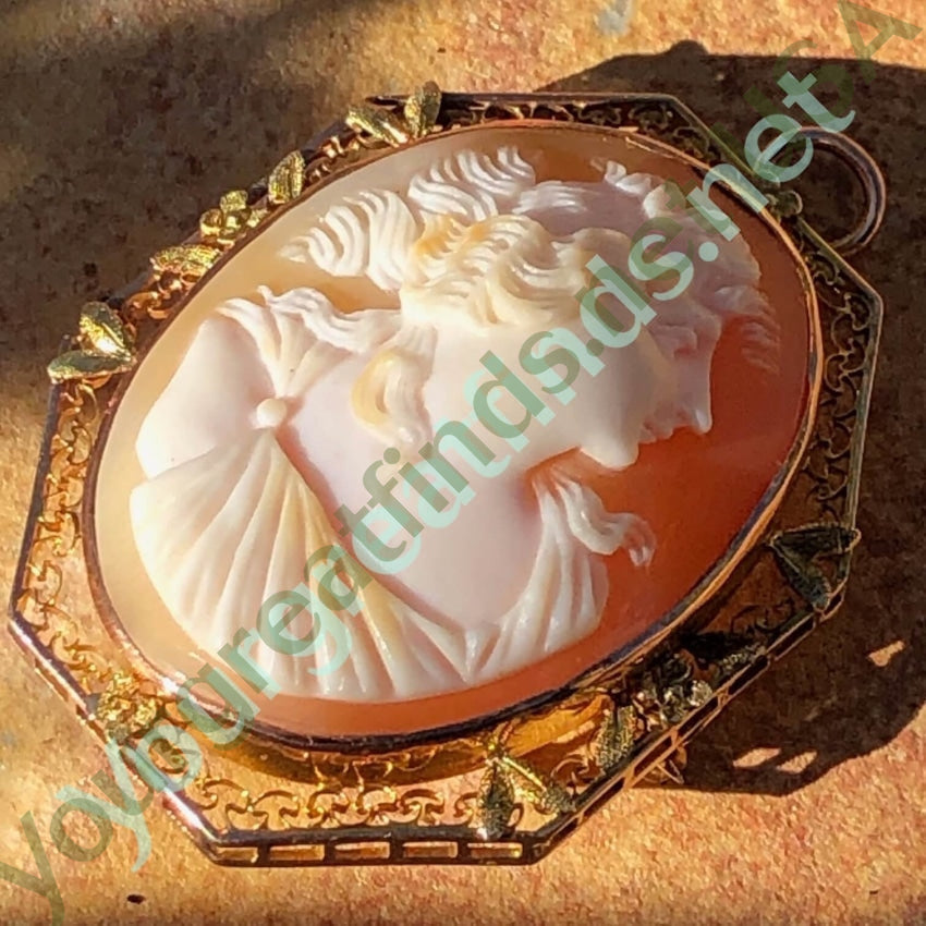 Antique Shell Cameo Pendant Brooch 10K Gold Filigree Yourgreatfinds