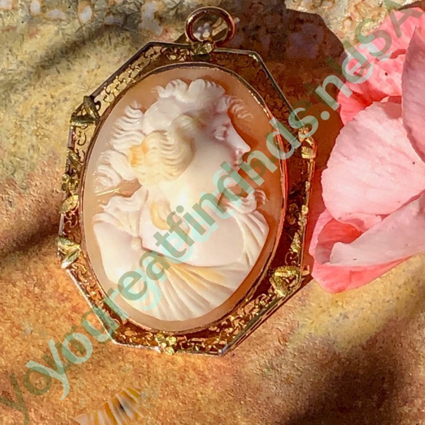 Antique Shell Cameo Pendant Brooch 10K Gold Filigree Yourgreatfinds