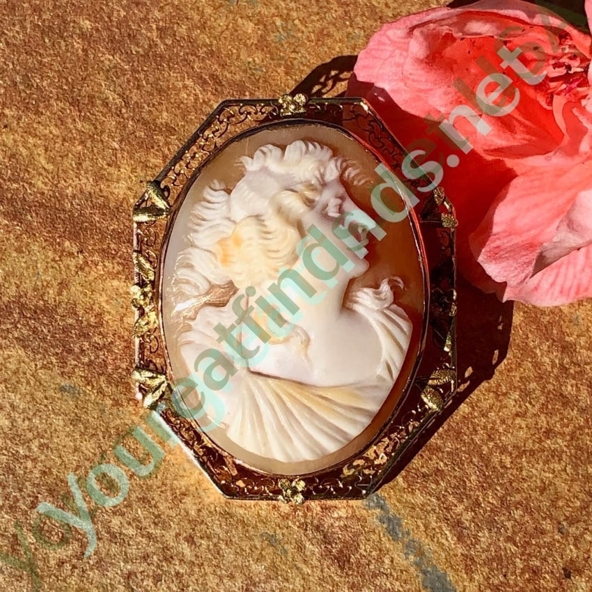 Antique Shell Cameo Pendant Brooch 10K Gold Filigree Yourgreatfinds
