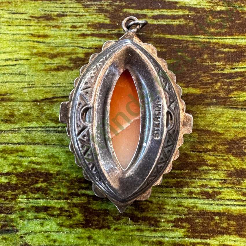 Antique Sterling Silver Carved Shell Cameo & Marcasite Pendant Pendant