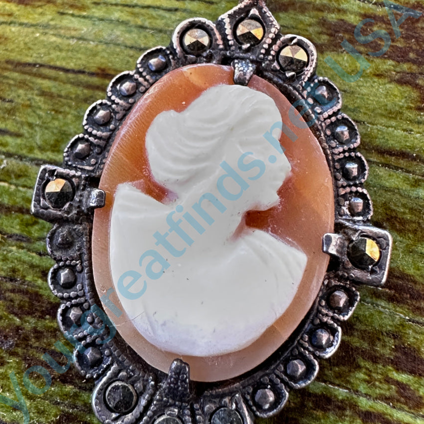 Antique Sterling Silver Carved Shell Cameo & Marcasite Pendant Pendant