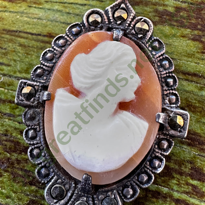 Antique Sterling Silver Carved Shell Cameo & Marcasite Pendant Pendant