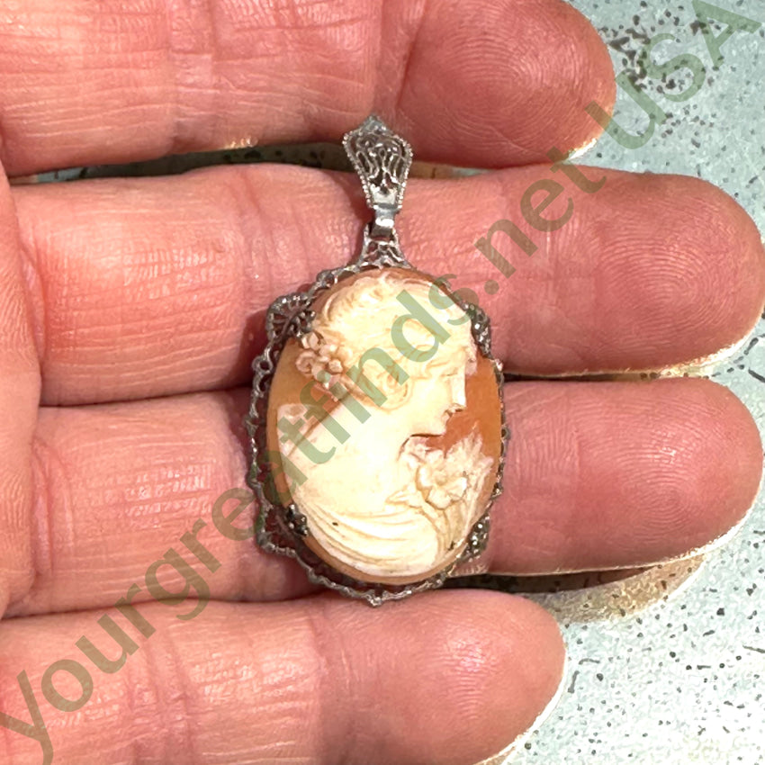 Antique Sterling Silver Filigree Hand Carved Cameo Pendant Pendant