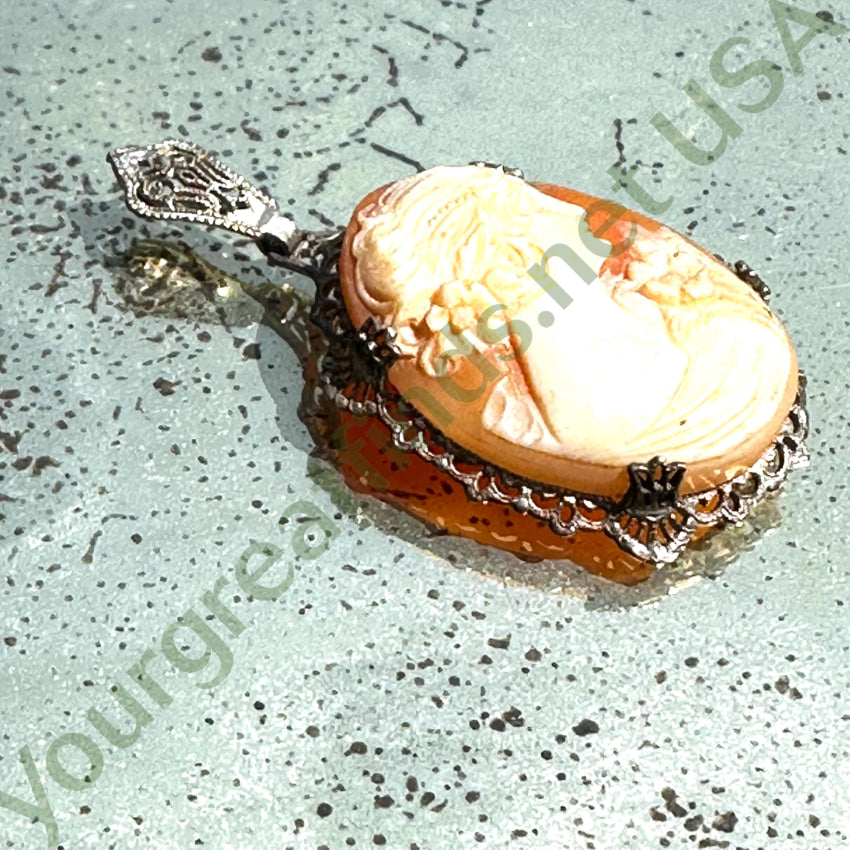 Antique Sterling Silver Filigree Hand Carved Cameo Pendant Pendant