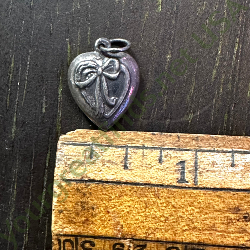 Antique Sterling Silver Puffy Heart Charm Pendant Bow Charms & Pendants