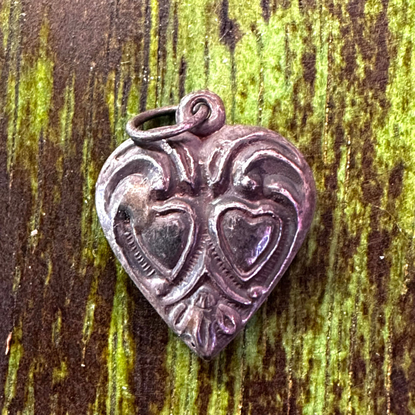 Antique Sterling Silver Puffy Heart Charm Pendant Double Charms & Pendants