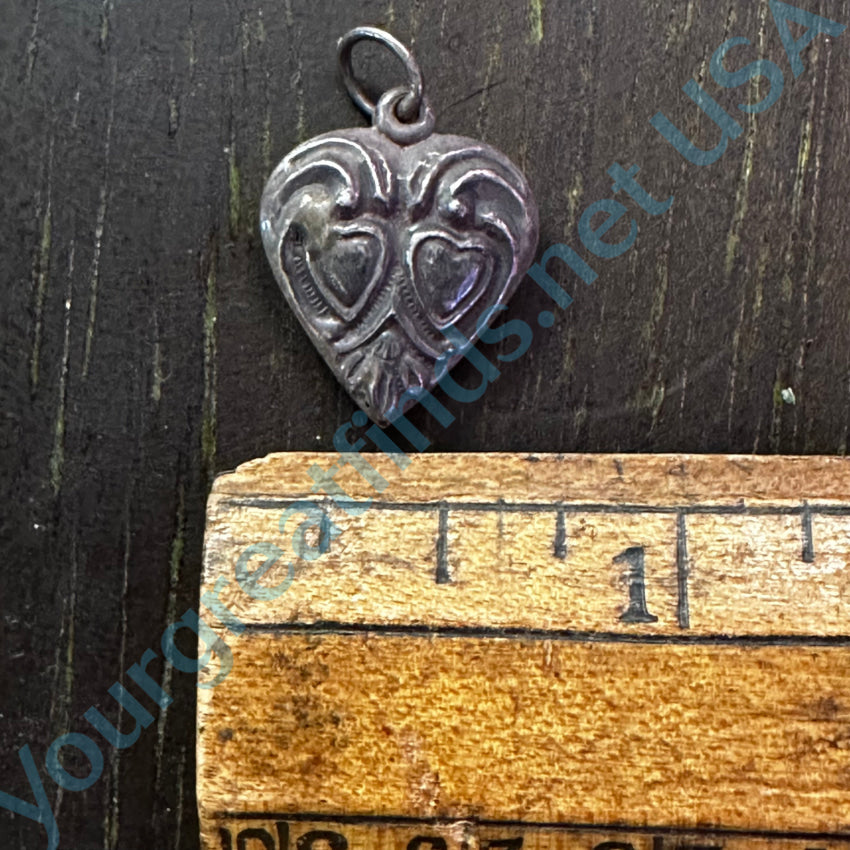 Antique Sterling Silver Puffy Heart Charm Pendant Double Charms & Pendants