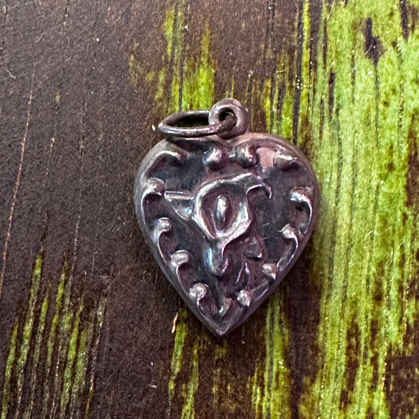 Antique Sterling Silver Puffy Heart Charm Pendant Lily Charms & Pendants