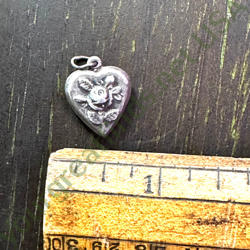Antique Sterling Silver Puffy Heart Charm Pendant Rose Charms & Pendants