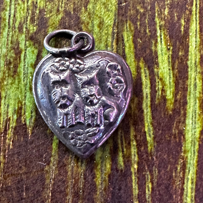 Antique Sterling Silver Puffy Heart Charm Pendant Two Cats Charms & Pendants