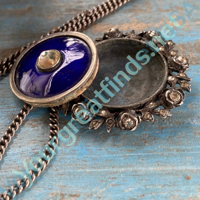 Antique Sterling Silver Reliquary Necklace Blue Enamel Yourgreatfinds