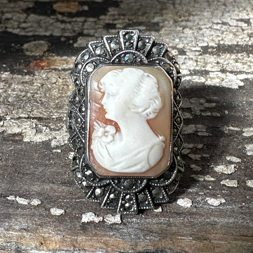 Antique Sterling Silver Shell Cameo Marcasite Ring Size 4 1/2