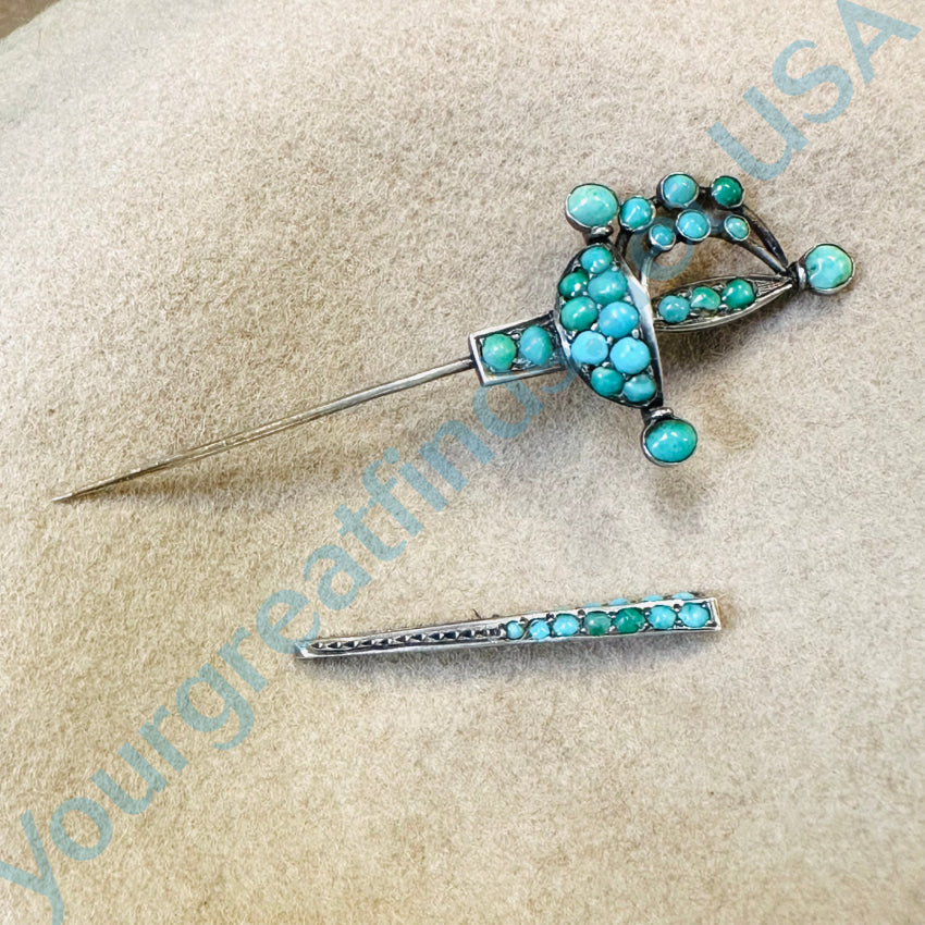 Antique Sterling Silver Sword Jabot Pin Pavé Turquoise 2 Piieces