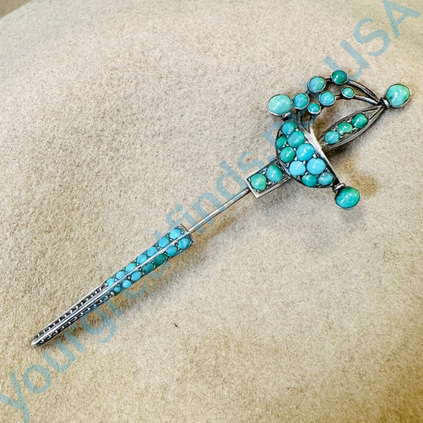 Antique Sterling Silver Sword Jabot Pin Pavé Turquoise 2 Piieces