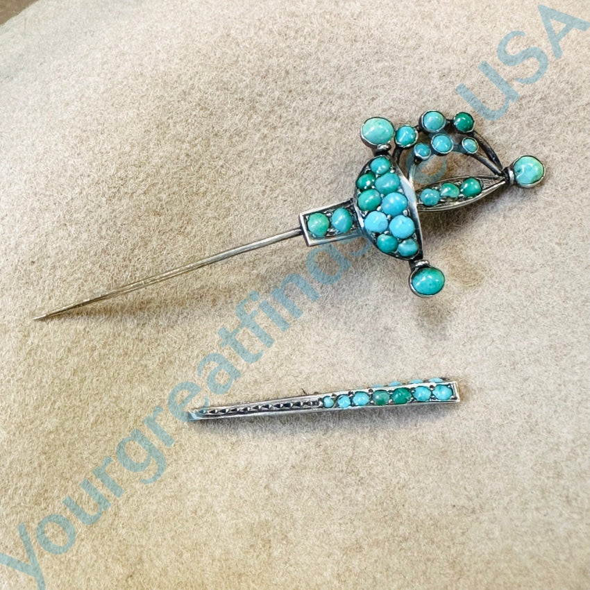 Antique Sterling Silver Sword Jabot Pin Pavé Turquoise 2 Piieces