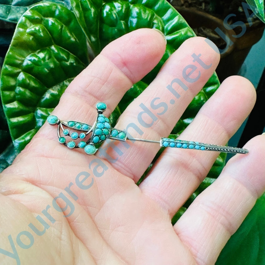 Antique Sterling Silver Sword Jabot Pin Pavé Turquoise 2 Piieces