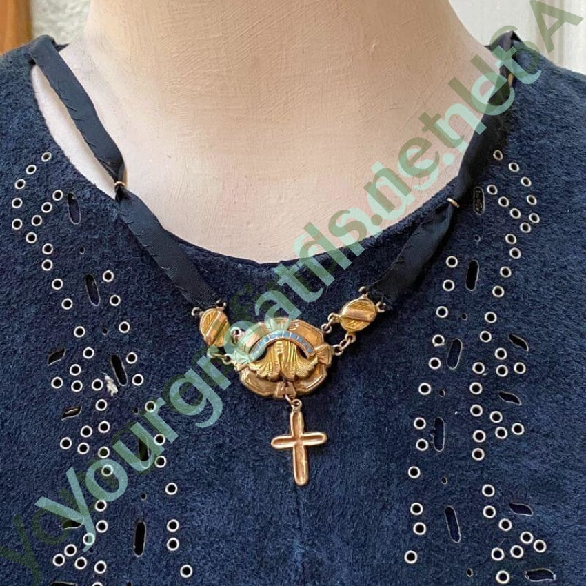 Antique Victorian 10K Yellow Gold Cross Necklace Turquoise Inlay Yourgreatfinds