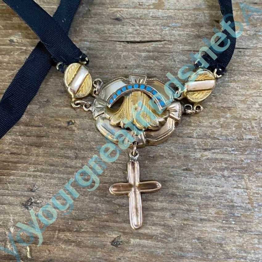 Antique Victorian 10K Yellow Gold Cross Necklace Turquoise Inlay Yourgreatfinds